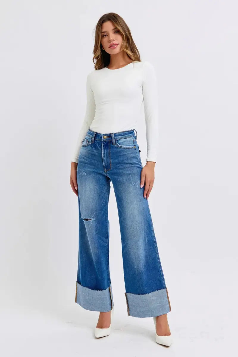 Judy Blue Full Size Distressed High Waist Wide Leg Jeans - Love Salve